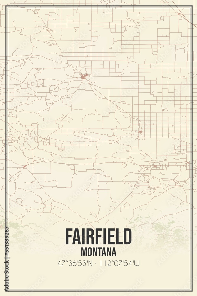 Retro US city map of Fairfield, Montana. Vintage street map.