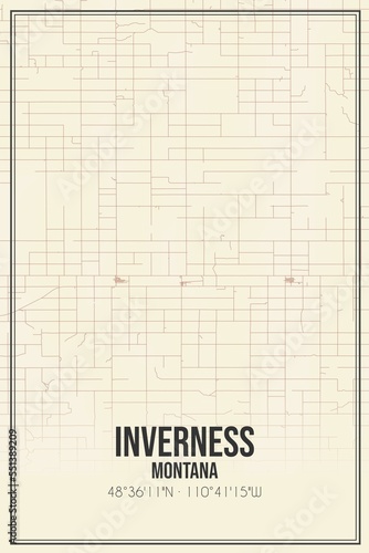 Retro US city map of Inverness, Montana. Vintage street map.