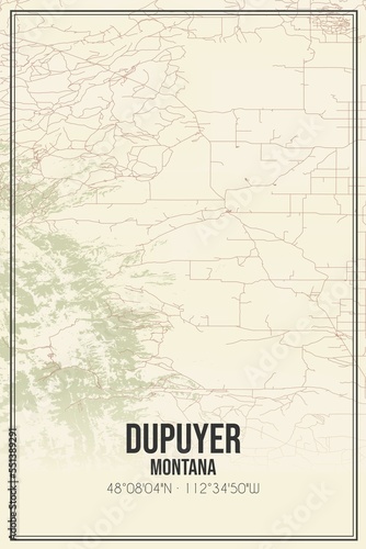 Retro US city map of Dupuyer  Montana. Vintage street map.
