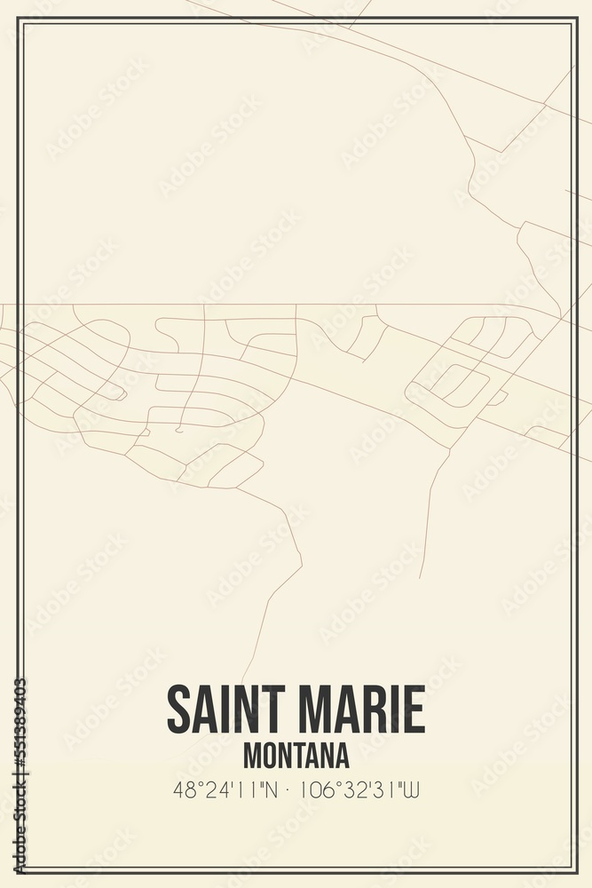 Retro US city map of Saint Marie, Montana. Vintage street map.
