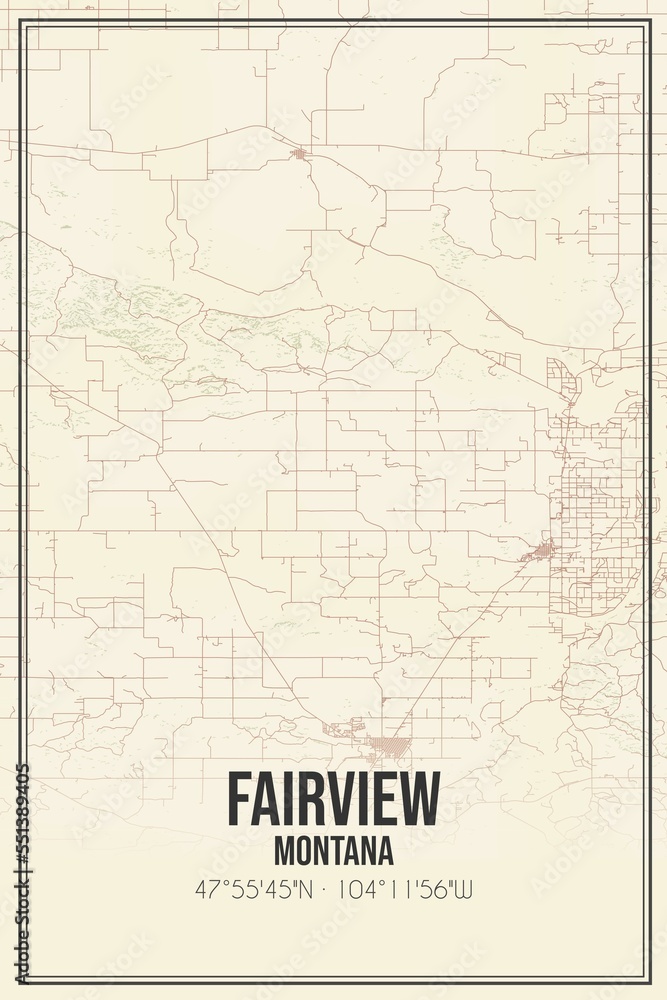 Retro US city map of Fairview, Montana. Vintage street map.