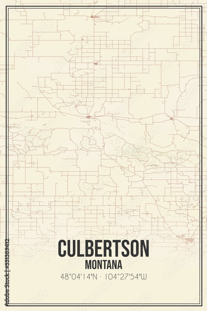 Retro US city map of Culbertson, Montana. Vintage street map.