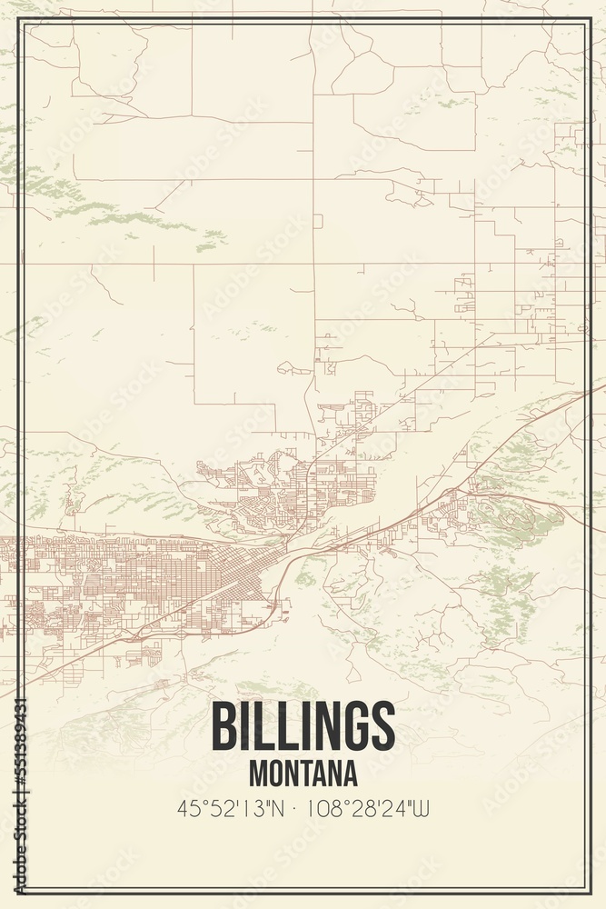 Fototapeta premium Retro US city map of Billings, Montana. Vintage street map.