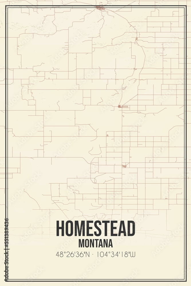 Retro US city map of Homestead, Montana. Vintage street map.