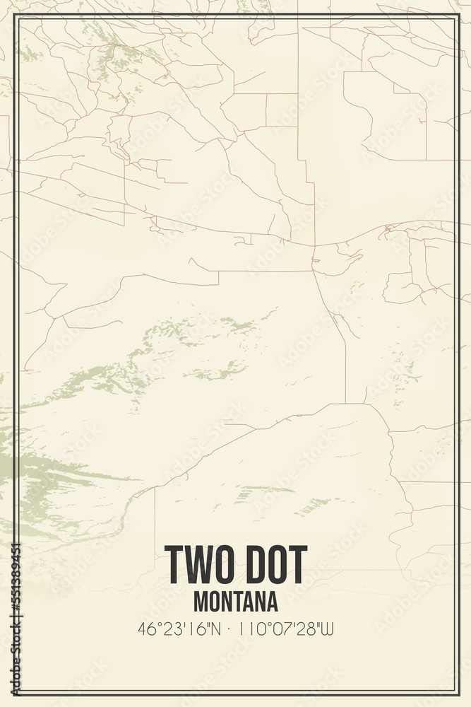 Retro US city map of Two Dot, Montana. Vintage street map.