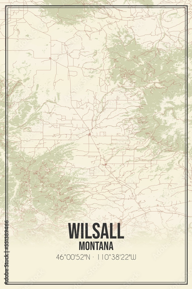 Retro US city map of Wilsall, Montana. Vintage street map.