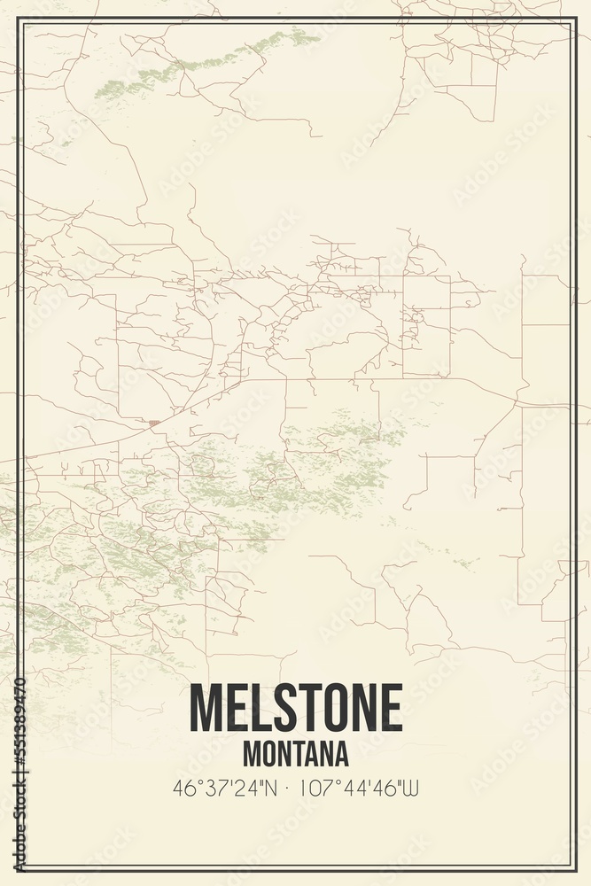Retro US city map of Melstone, Montana. Vintage street map.