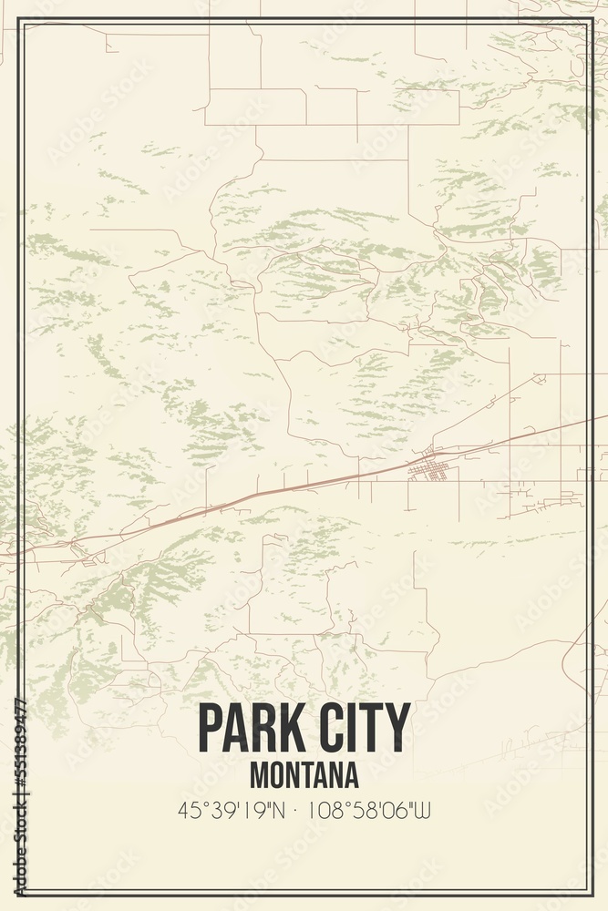 Retro US city map of Park City, Montana. Vintage street map.