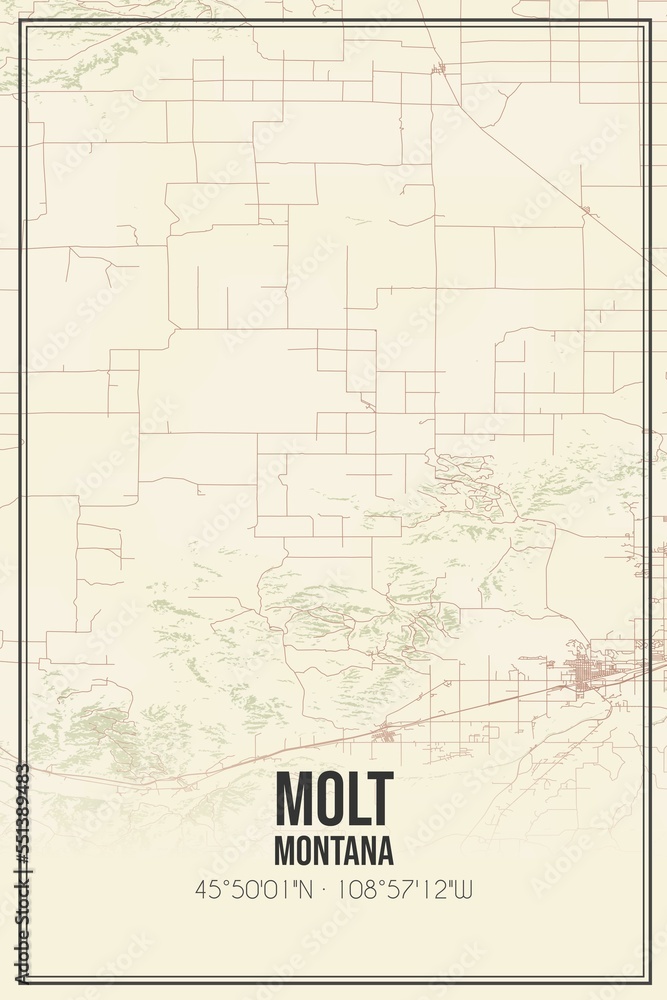 Retro US city map of Molt, Montana. Vintage street map.