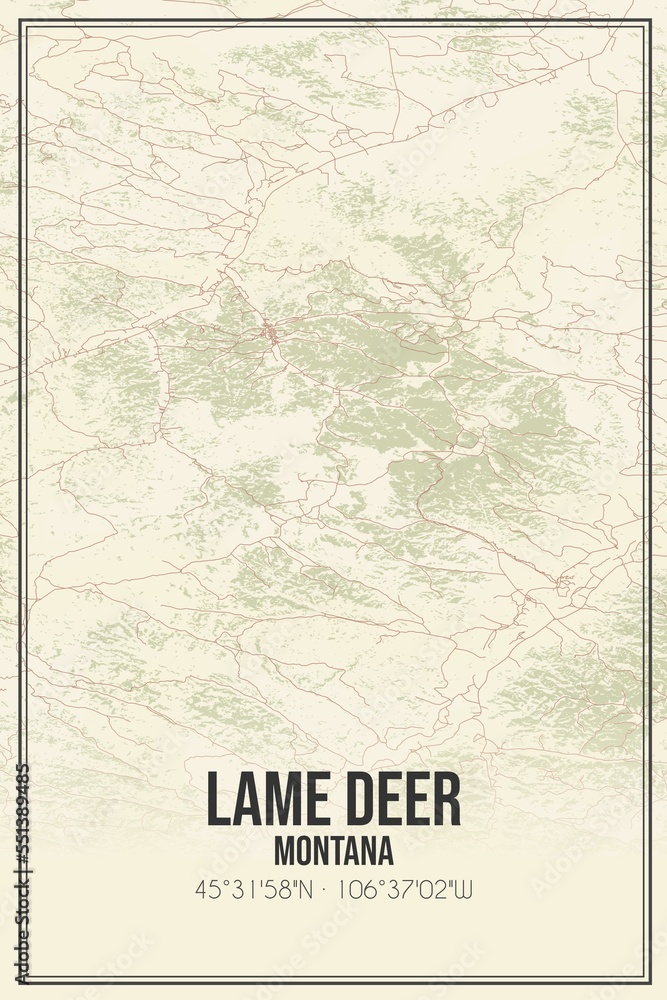 Retro US city map of Lame Deer, Montana. Vintage street map.