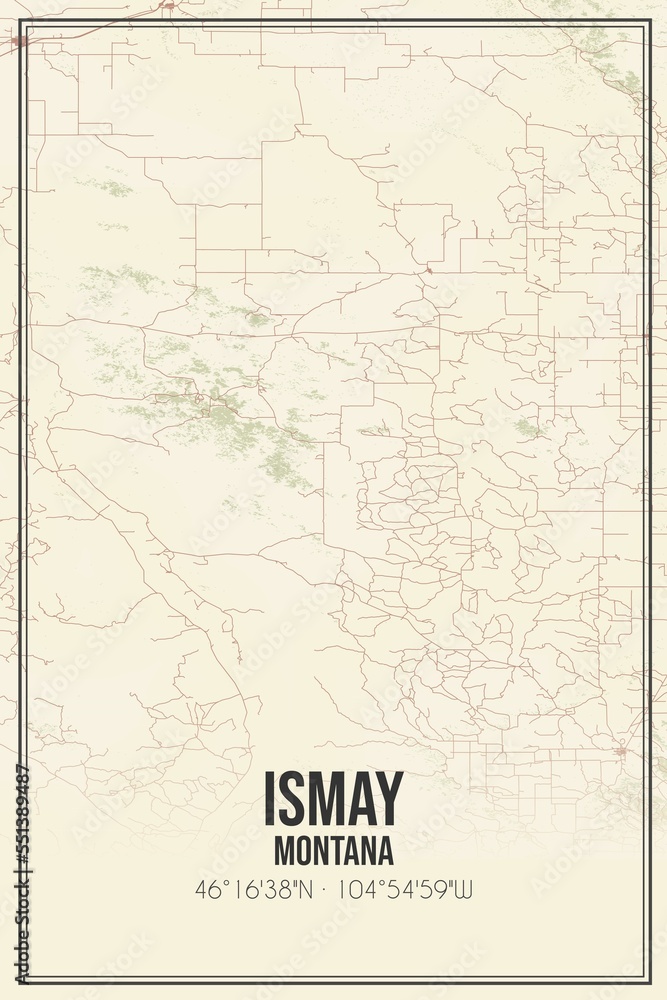 Retro US city map of Ismay, Montana. Vintage street map.
