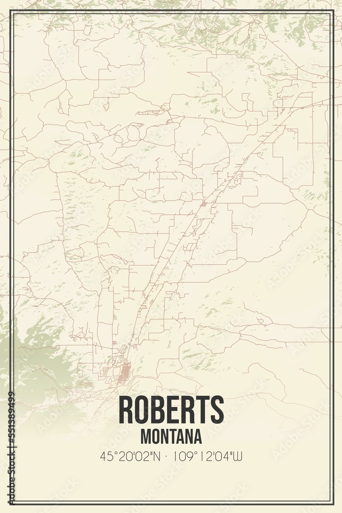 Fototapeta premium Retro US city map of Roberts, Montana. Vintage street map.