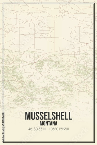 Retro US city map of Musselshell, Montana. Vintage street map. photo