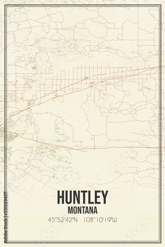 Fototapeta Naklejka Na Ścianę i Meble -  Retro US city map of Huntley, Montana. Vintage street map.