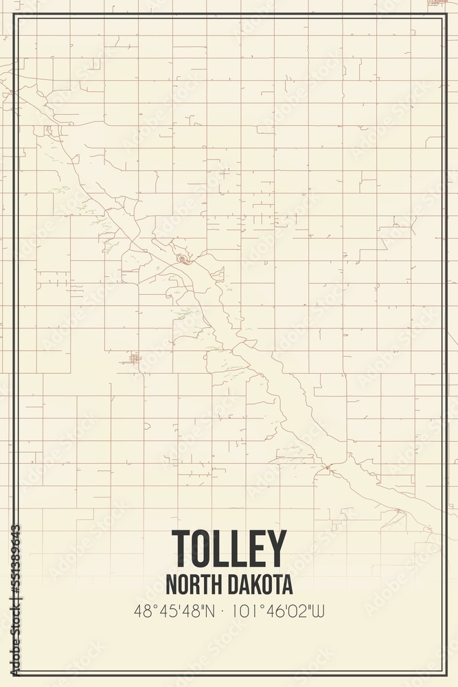 Retro US city map of Tolley, North Dakota. Vintage street map.