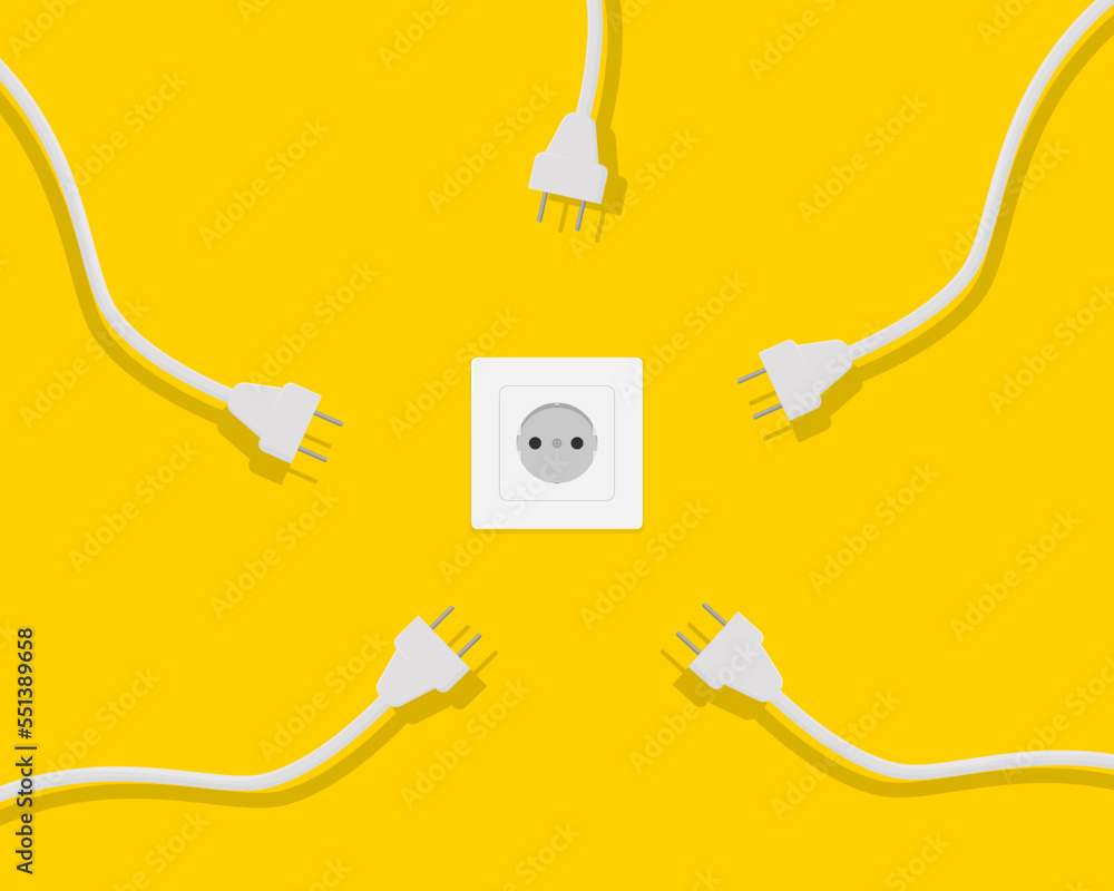 Electric socket and many white plugs with wires. Power grid overload concept. Power supply and charging of electrical appliances. Vector illustration. Electric socket and many white plugs with wires. Power grid overload concept. Power supply and charging of electrical appliances. Vector illustration.