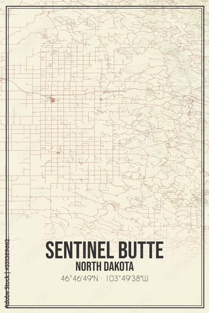 Retro US city map of Sentinel Butte, North Dakota. Vintage street map.