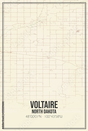 Retro US city map of Voltaire, North Dakota. Vintage street map. photo