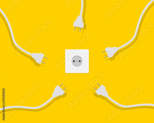 Electric socket and many white plugs with wires. Power grid overload concept. Power supply and charging of electrical appliances. Vector illustration.