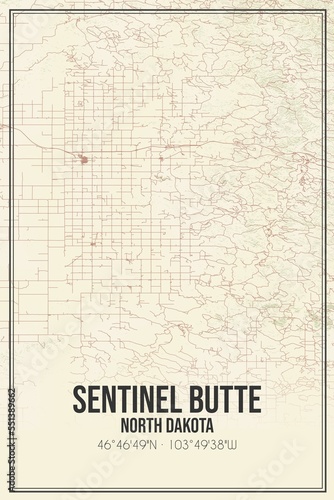 Retro US city map of Sentinel Butte, North Dakota. Vintage street map. © Rezona