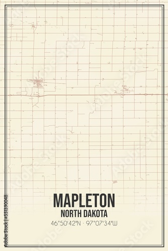 Retro US city map of Mapleton, North Dakota. Vintage street map.