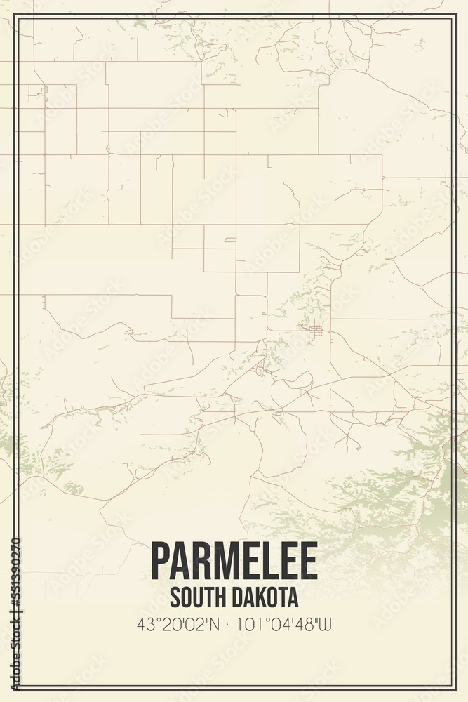 Retro US city map of Parmelee, South Dakota. Vintage street map.