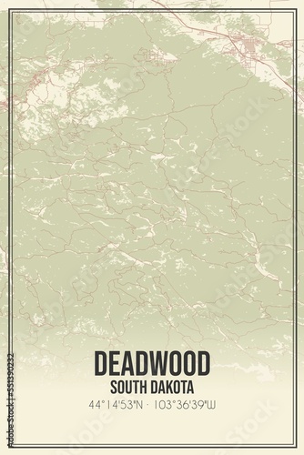 Retro US city map of Deadwood, South Dakota. Vintage street map.