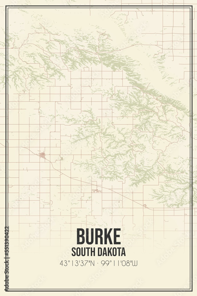 Retro US city map of Burke, South Dakota. Vintage street map.