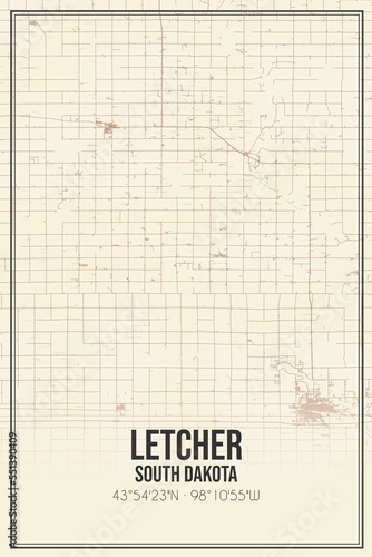 Retro US city map of Letcher, South Dakota. Vintage street map. photo