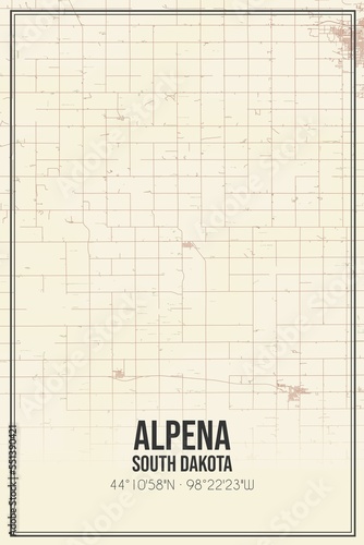 Retro US city map of Alpena, South Dakota. Vintage street map.