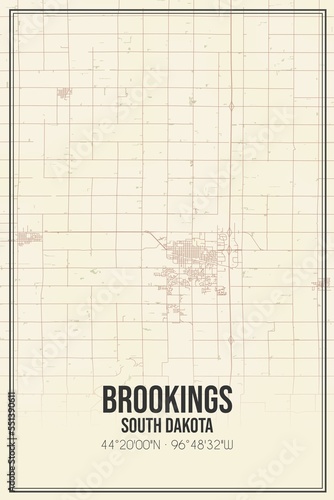 Retro US city map of Brookings, South Dakota. Vintage street map. photo