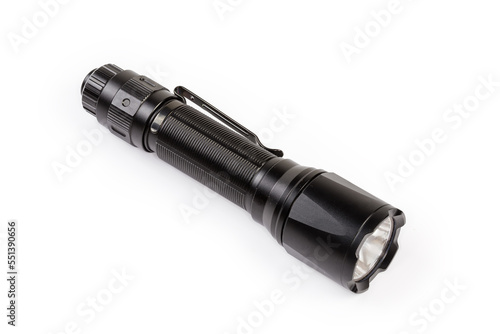 Modern tactical electric LED flashlight on a white background