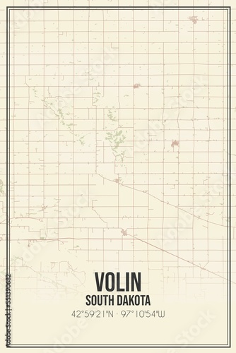 Retro US city map of Volin, South Dakota. Vintage street map.