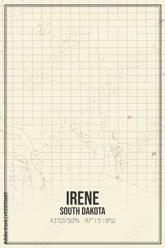 Retro US city map of Irene, South Dakota. Vintage street map.