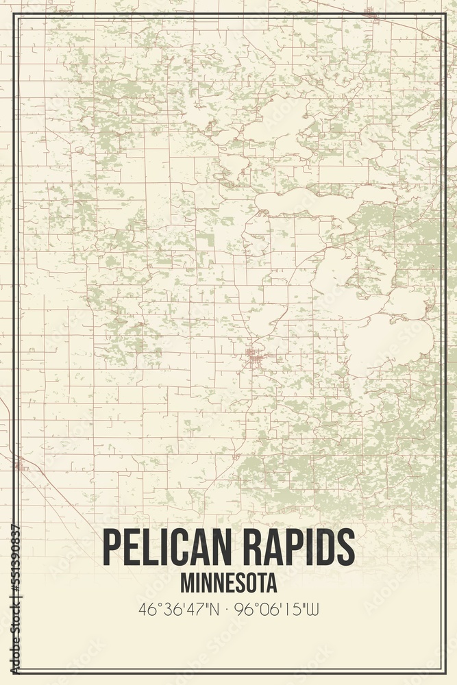 Retro US city map of Pelican Rapids, Minnesota. Vintage street map.