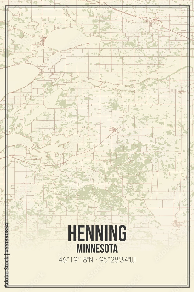 Retro US city map of Henning, Minnesota. Vintage street map.