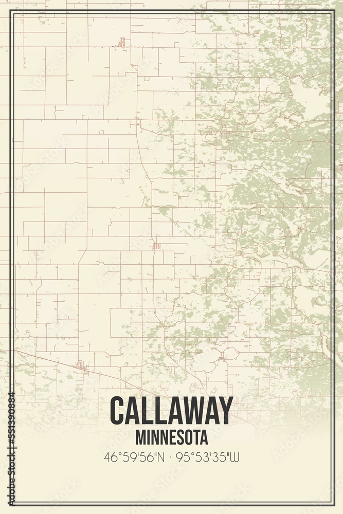 Retro US city map of Callaway, Minnesota. Vintage street map.