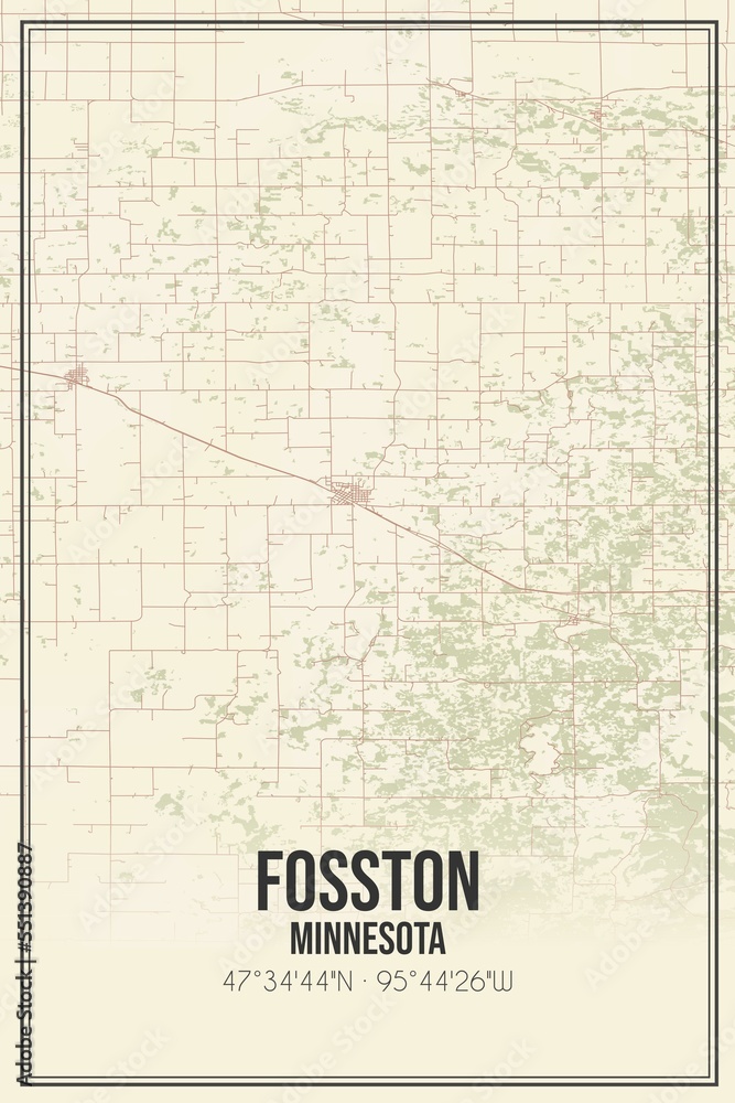 Retro US city map of Fosston, Minnesota. Vintage street map.