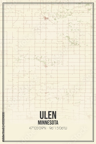 Retro US city map of Ulen, Minnesota. Vintage street map.