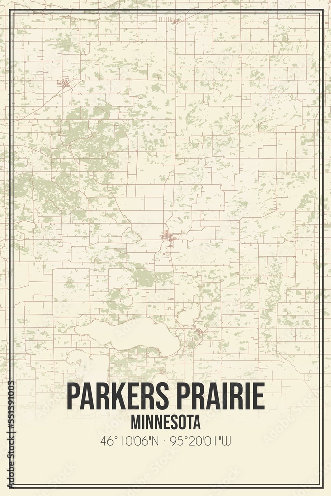 Retro US city map of Parkers Prairie, Minnesota. Vintage street map.