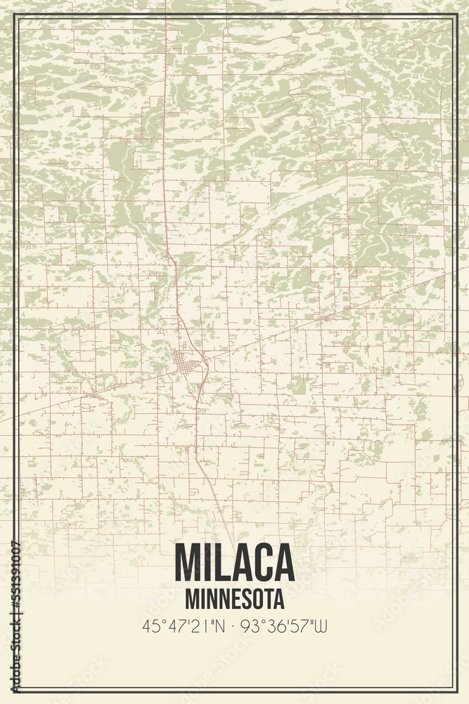 Retro US city map of Milaca, Minnesota. Vintage street map.