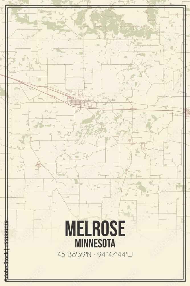 Retro US city map of Melrose, Minnesota. Vintage street map.