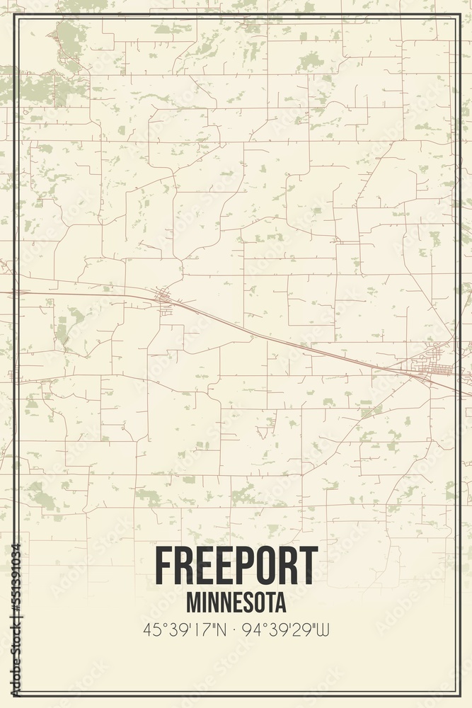 Retro US city map of Freeport, Minnesota. Vintage street map.