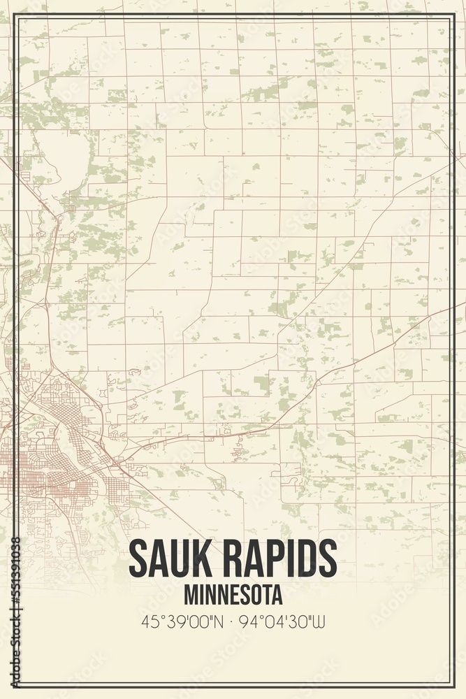 Retro US city map of Sauk Rapids, Minnesota. Vintage street map.