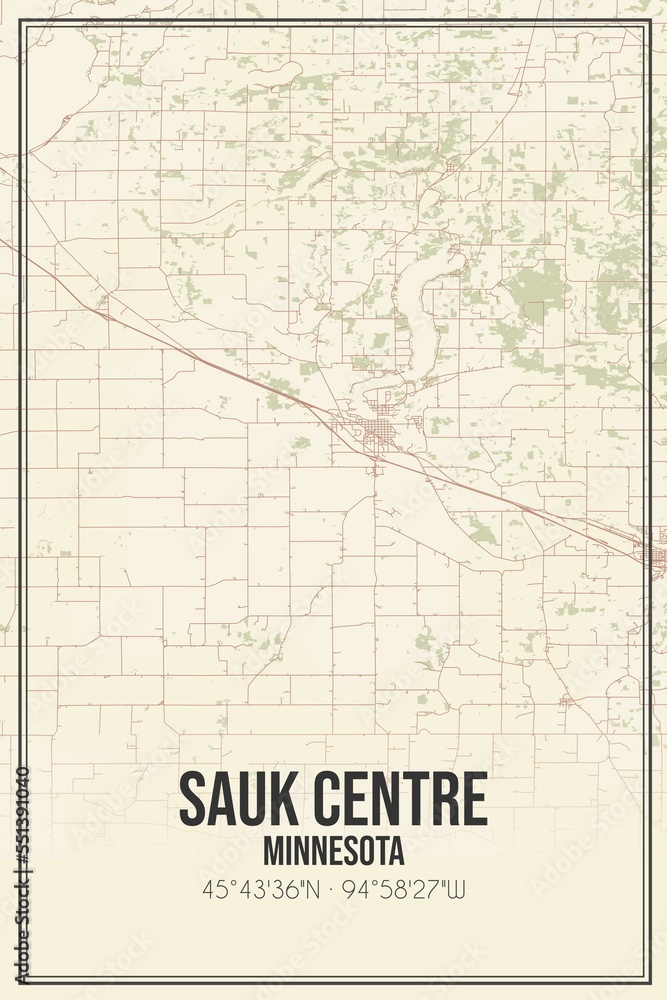 Retro US city map of Sauk Centre, Minnesota. Vintage street map.
