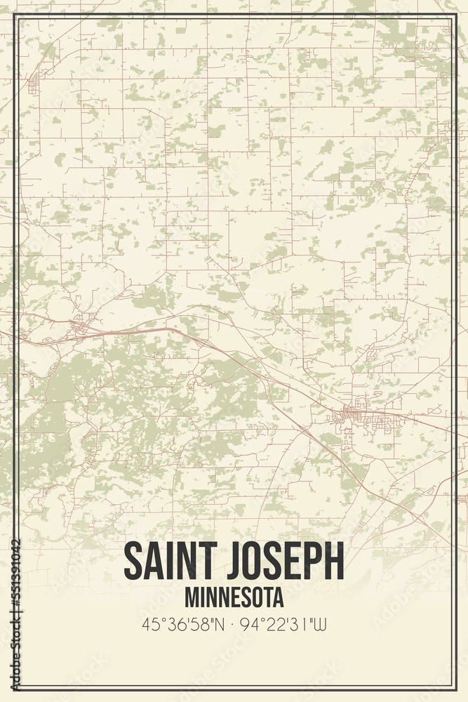 Retro US city map of Saint Joseph, Minnesota. Vintage street map.