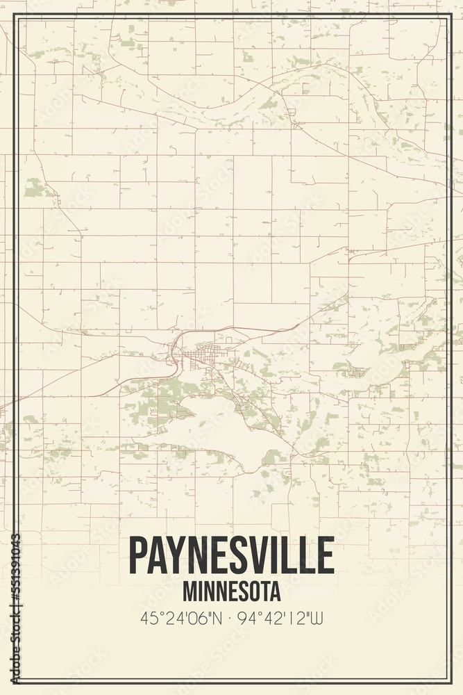 Retro US city map of Paynesville, Minnesota. Vintage street map.