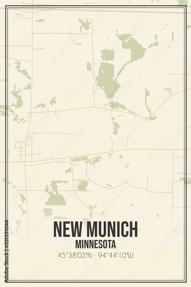 Retro US city map of New Munich, Minnesota. Vintage street map.