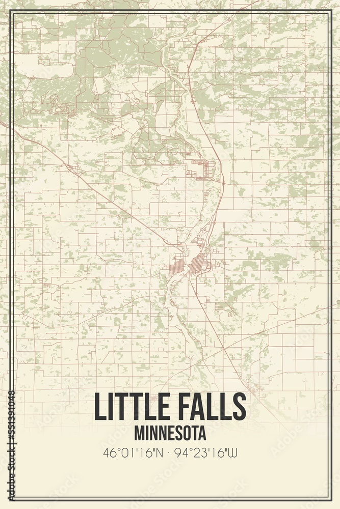 Retro US city map of Little Falls, Minnesota. Vintage street map.
