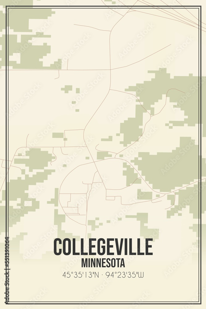 Retro US city map of Collegeville, Minnesota. Vintage street map.
